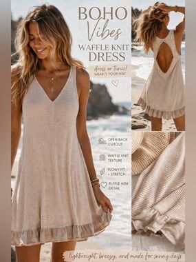 Beige Waffle Knit Open Back Dress Ruffle Hem Boho Coastal Medium